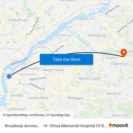 Broadway Across From Wrtc to Virtua Memorial Hospital Of Burlington County map