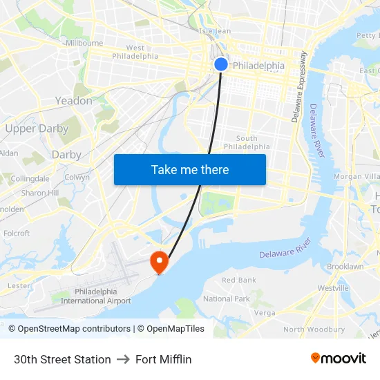 30th Street Station to Fort Mifflin map