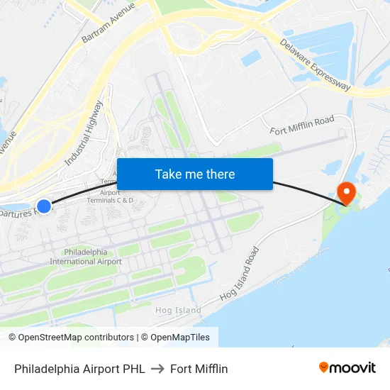 Philadelphia Airport PHL to Fort Mifflin map