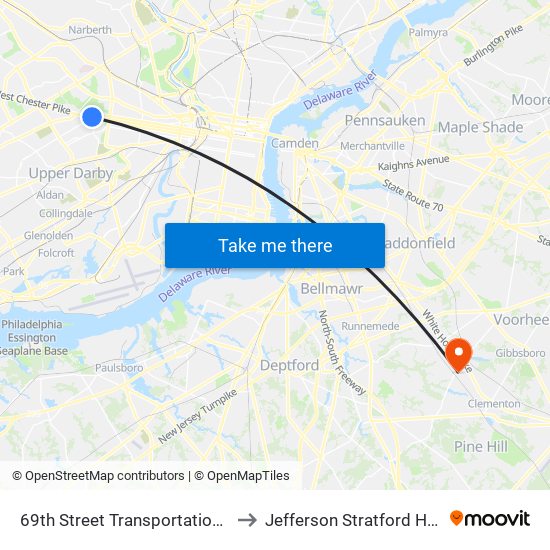 69th Street Transportation Center to Jefferson Stratford Hospital map