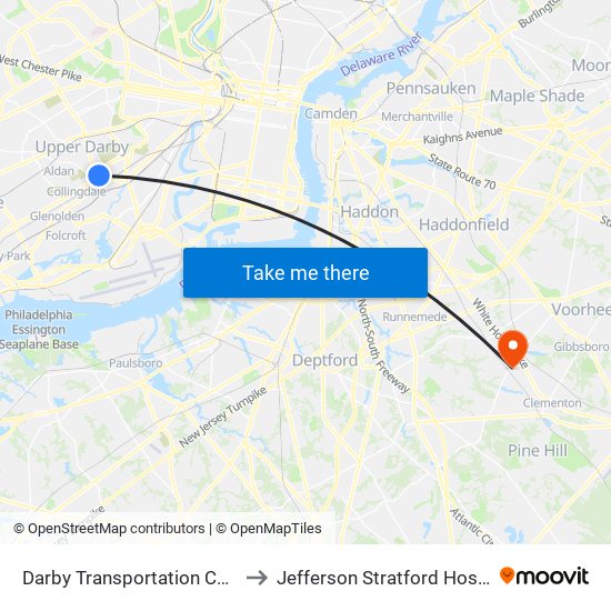 Darby Transportation Center to Jefferson Stratford Hospital map