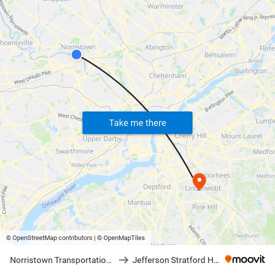 Norristown Transportation Center to Jefferson Stratford Hospital map