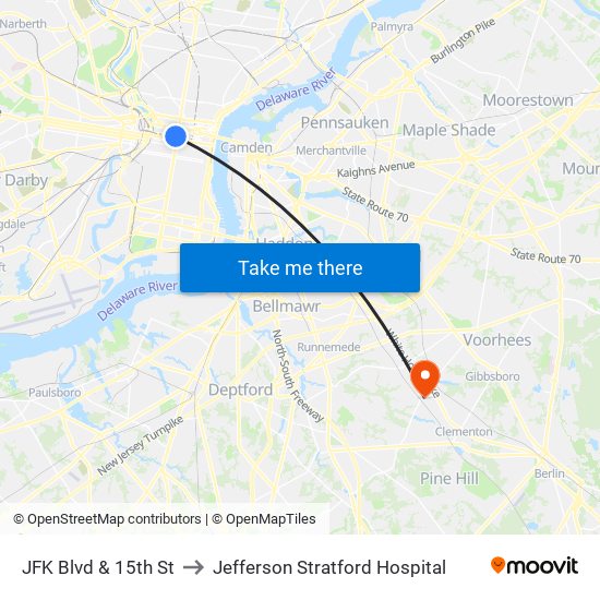 JFK Blvd & 15th St to Jefferson Stratford Hospital map