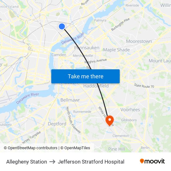 Allegheny Station to Jefferson Stratford Hospital map