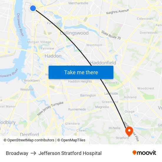 Broadway to Jefferson Stratford Hospital map