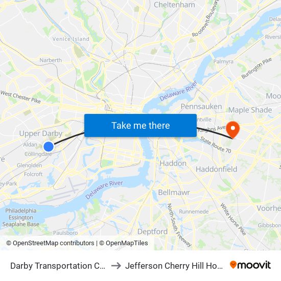 Darby Transportation Center to Jefferson Cherry Hill Hospital map