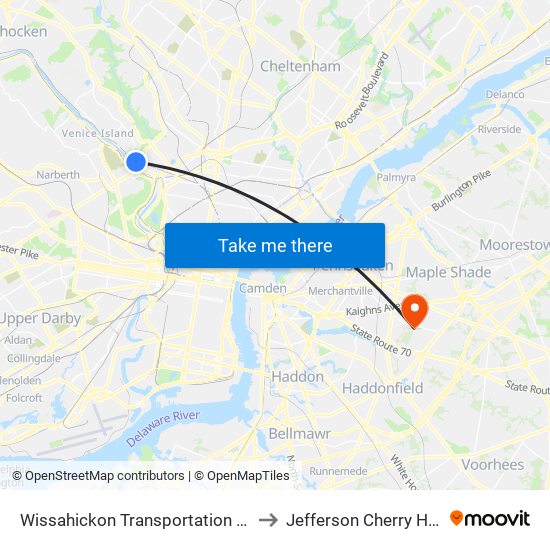 Wissahickon Transportation Center - Onsite to Jefferson Cherry Hill Hospital map