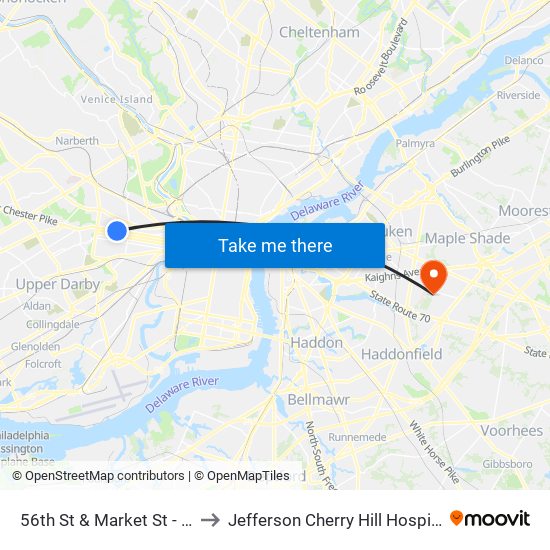 56th St & Market St - Fs to Jefferson Cherry Hill Hospital map