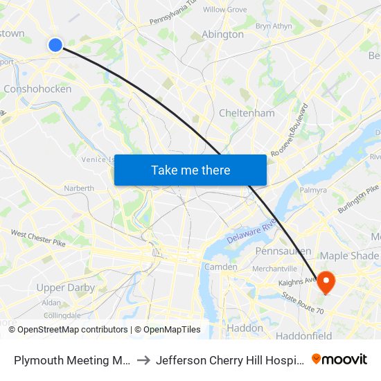 Plymouth Meeting Mall to Jefferson Cherry Hill Hospital map