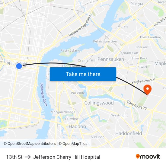 13th St to Jefferson Cherry Hill Hospital map