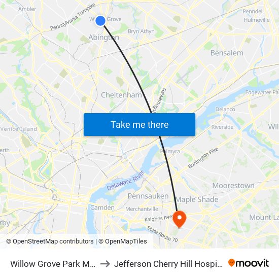 Willow Grove Park Mall to Jefferson Cherry Hill Hospital map