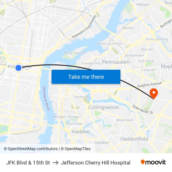 JFK Blvd & 15th St to Jefferson Cherry Hill Hospital map