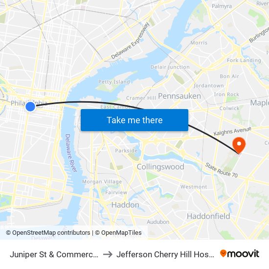 Juniper St & Commerce St to Jefferson Cherry Hill Hospital map