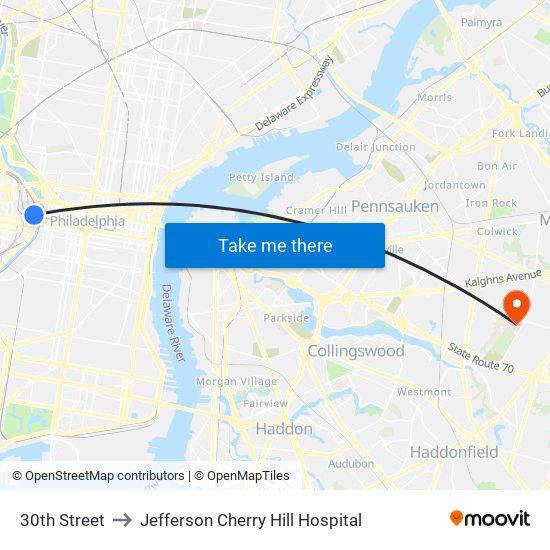 30th Street to Jefferson Cherry Hill Hospital map