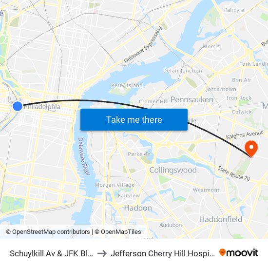 Schuylkill Av & JFK Blvd to Jefferson Cherry Hill Hospital map