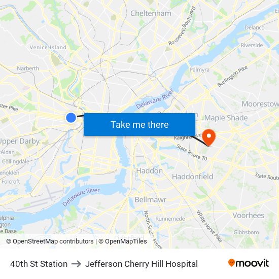 40th St Station to Jefferson Cherry Hill Hospital map