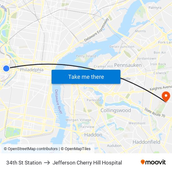 34th St Station to Jefferson Cherry Hill Hospital map