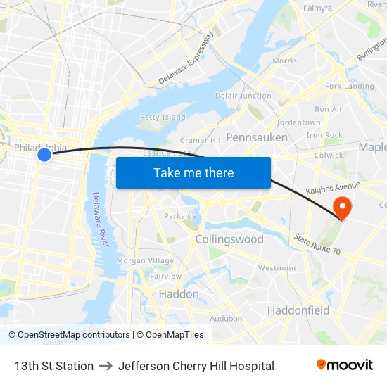 13th St Station to Jefferson Cherry Hill Hospital map