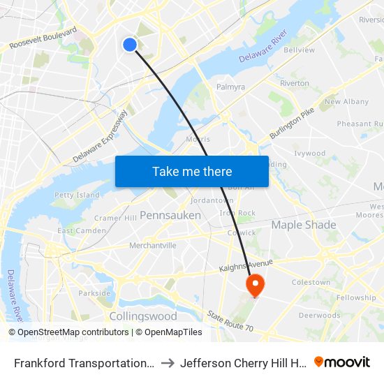 Frankford Transportation Center to Jefferson Cherry Hill Hospital map