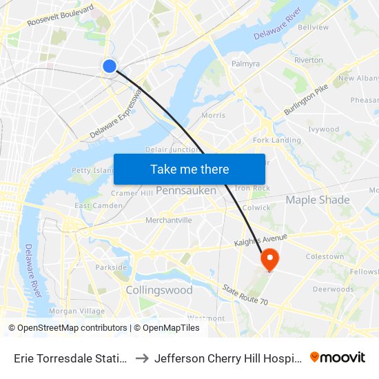 Erie Torresdale Station to Jefferson Cherry Hill Hospital map