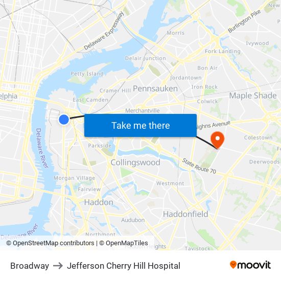 Broadway to Jefferson Cherry Hill Hospital map