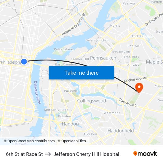 6th St at Race St to Jefferson Cherry Hill Hospital map