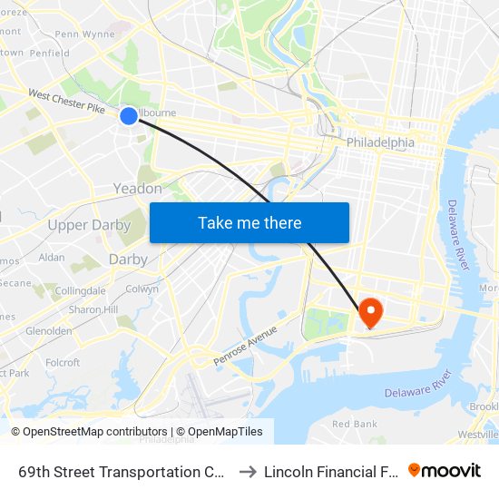 69th Street Transportation Center to Lincoln Financial Field map