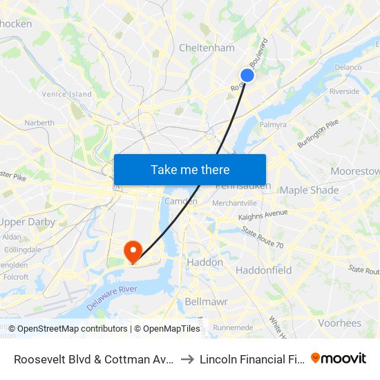 Roosevelt Blvd & Cottman Av - FS to Lincoln Financial Field map