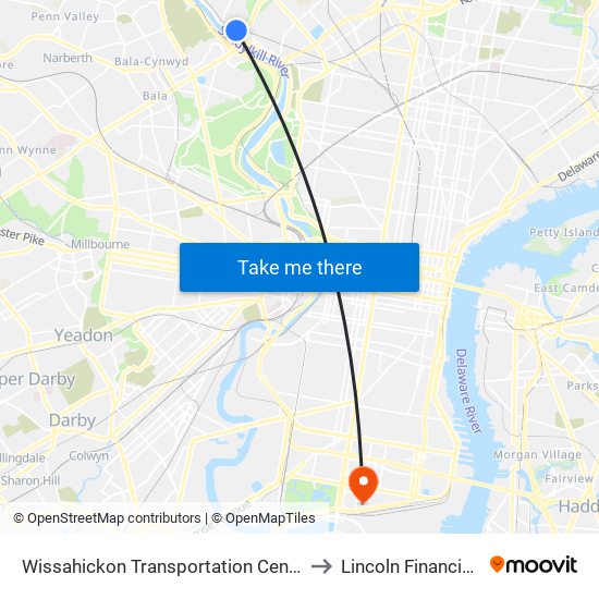 Wissahickon Transit Center to Lincoln Financial Field map