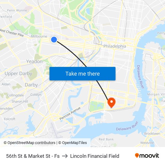 56th St & Market St - Fs to Lincoln Financial Field map