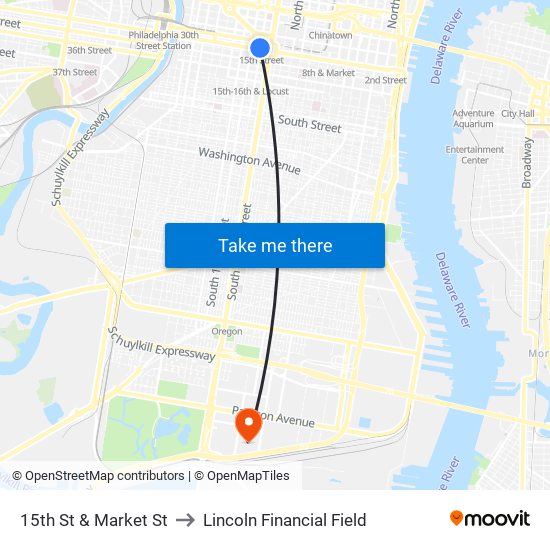 15th St & Market St to Lincoln Financial Field map