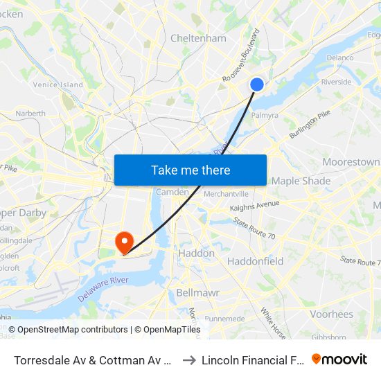 Torresdale Av & Cottman Av Loop to Lincoln Financial Field map