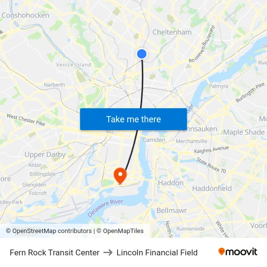 Fern Rock Transit Center to Lincoln Financial Field map