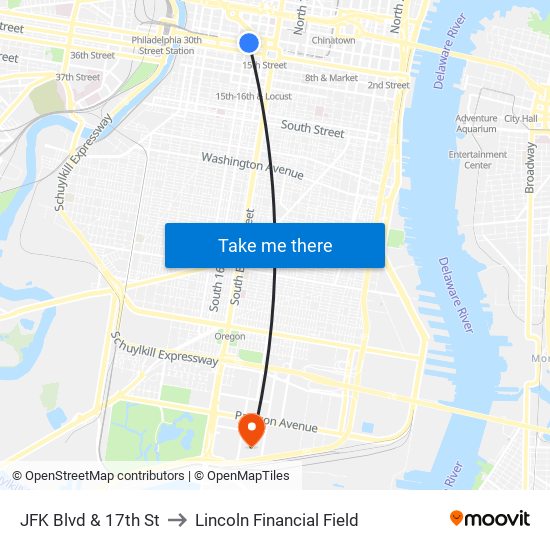 JFK Blvd & 17th St to Lincoln Financial Field map