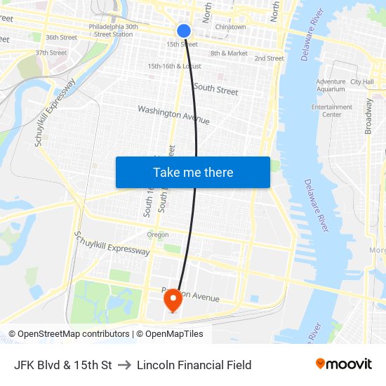 JFK Blvd & 15th St to Lincoln Financial Field map