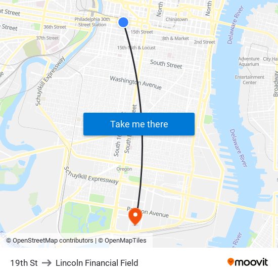 19th St to Lincoln Financial Field map