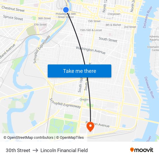 30th Street to Lincoln Financial Field map