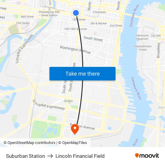 Suburban Station to Lincoln Financial Field map