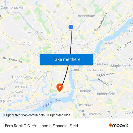 Fern Rock T C to Lincoln Financial Field map
