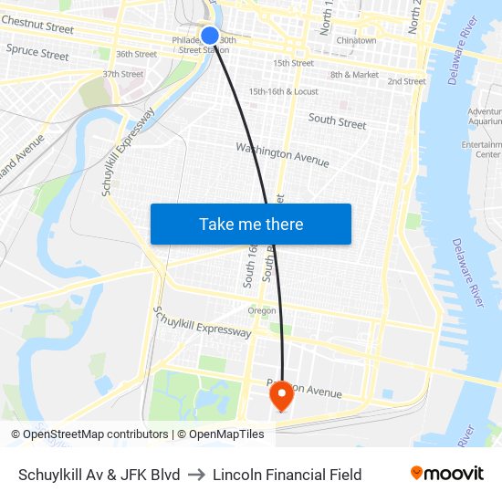 Schuylkill Av & JFK Blvd to Lincoln Financial Field map