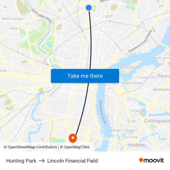 Hunting Park to Lincoln Financial Field map