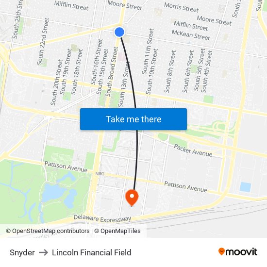 Snyder to Lincoln Financial Field map