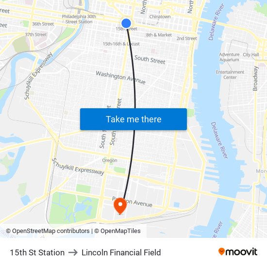 15th St Station to Lincoln Financial Field map