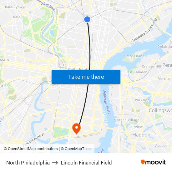 North Philadelphia to Lincoln Financial Field map