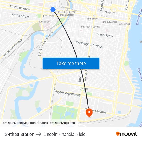 34th St Station to Lincoln Financial Field map