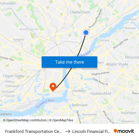 Frankford Transportation Center to Lincoln Financial Field map
