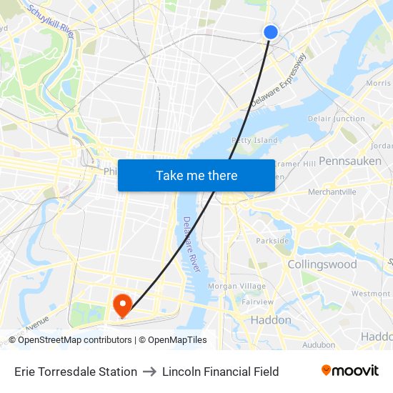 Erie Torresdale Station to Lincoln Financial Field map