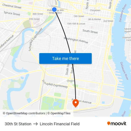 30th St Station to Lincoln Financial Field map