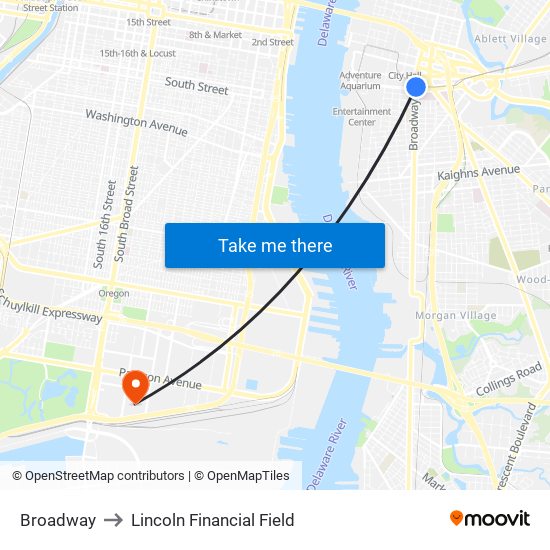 Broadway to Lincoln Financial Field map