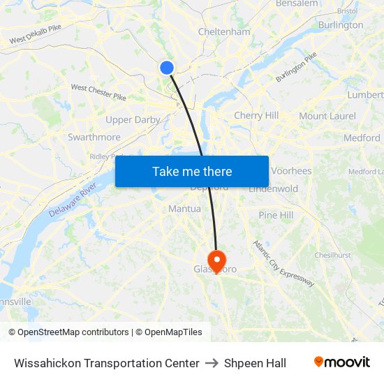 Wissahickon Transportation Center to Shpeen Hall map